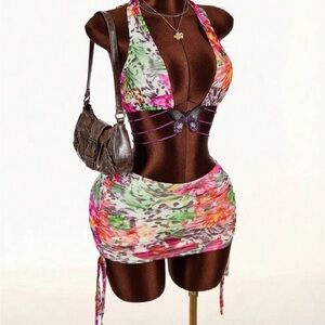 Floral Multicolor Ruched Two-Piece Set with Butterfly Detail
